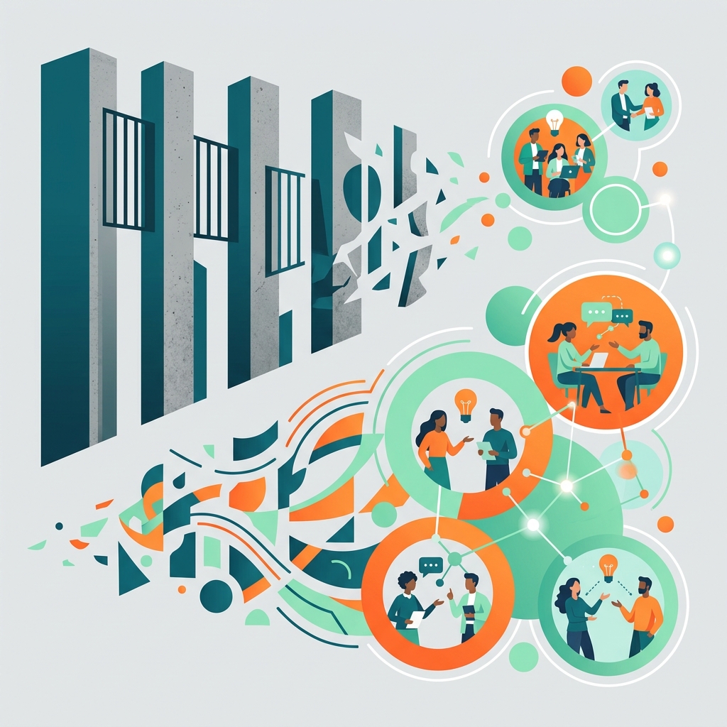 Illustration: Auflösung von organisatorischen Silos in ein vernetztes Team